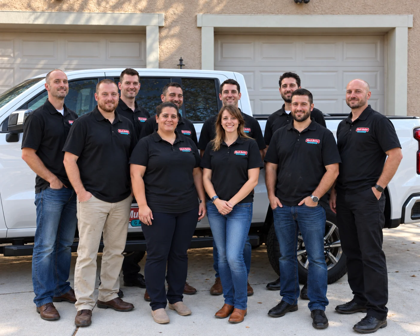 The Much Better Garage team wearing black company polo shirts